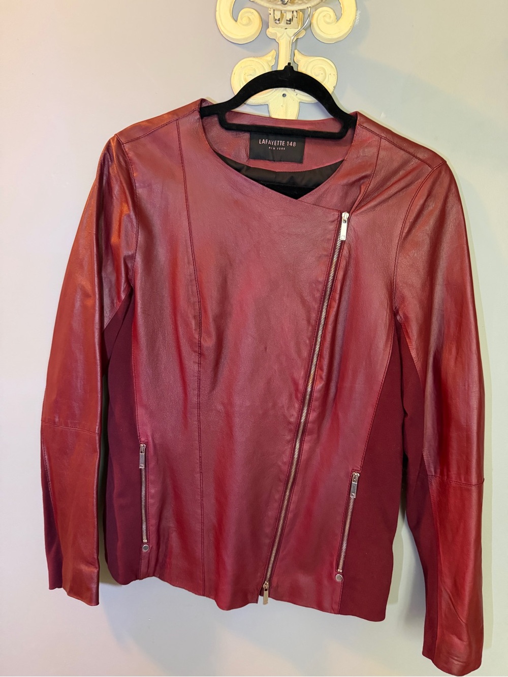 Lafayette 148 New York Burgundy Leather Asymmetrical Zip Jacket